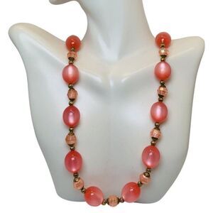 Vintage Women’s Light Pink Large Beaded Classic Gold Tone Station Necklace 32”